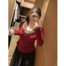 批发实价大码微胖mm<b class='q'>冬</b>季V领毛绒花边系带显瘦长袖T恤