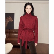 实价大码系带毛衣秋冬新款宽松高领麻花套头针织衫