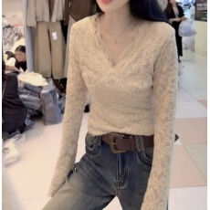 批发实价大码秋<b class='q'>冬</b>新款百搭显瘦长袖加绒性感风打底衫蕾丝上衣