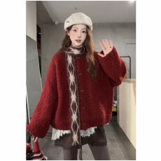 批发实价大码新年红秋<b class='q'>冬</b>加厚慵懒复古高织高密极简毛衣开衫