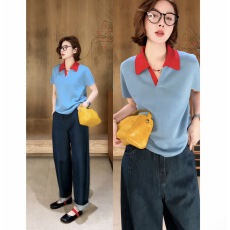 批发实价大码<b class='q'>春</b>夏新款小众设计极简风撞色翻领宽松显瘦针织T恤