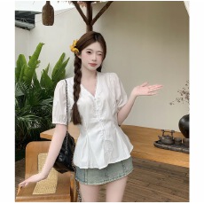 批发实价大码胖MM法式蕾丝拼接短袖衬衫百搭收腰显瘦上衣