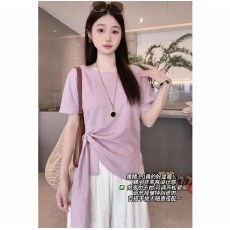 批发实价大码微胖小众设计感女短袖显瘦遮肉休闲慵懒风上衣