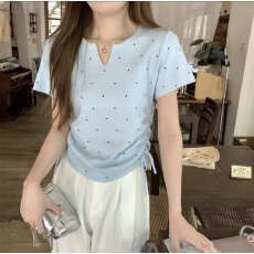 批发实价大码小众设计波点半开领针织短袖夏季新款抽绳高级感遮肉上衣