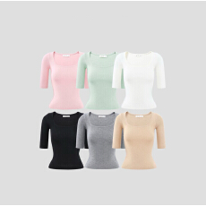 批发实价大码韩系简约方领纯色修身针织衫女夏季中袖上衣