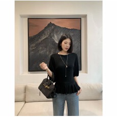 批发大码胖MM温柔风荷叶边短袖针织T恤女夏季设计感绑带收腰显瘦上衣