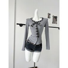 批发实拍系灰色假两件格纹拼接长袖T恤女春<b class='q'>秋</b>修身系带V领内搭打底上衣