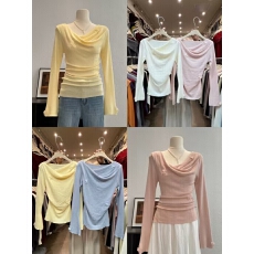 批发设计感荡领蝴蝶结长袖针织衫女春季新款立体装饰褶皱修身温柔上衣