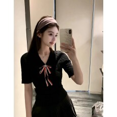 批发小香风蝴蝶结V领针织衫女减龄洋气夏季新款短袖修身显瘦百搭上衣