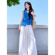 批发初夏绝美套<b class='q'>装</b>女2026年夏季新款蓝色无袖露肩<b class='q'>衬衫</b>高腰阔腿<b class='q'>裤</b><b class='q'>两件套</b>