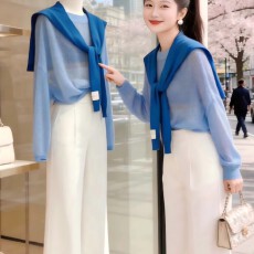 批发显白蓝色披肩软糯针织衫女春秋设计感假两件宽松减龄显瘦大码上衣