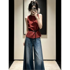 批发2026夏季独特漂亮复古红色格子背心衬衫女小众别致甜辣无袖上衣