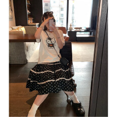 批发 【】腰黑色拼接蕾丝波点半身裙有内衬爆款鬼马少女
