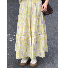 批发 【】中长裙奶黄色有内衬爆款减龄甜妹穿搭半裙印花