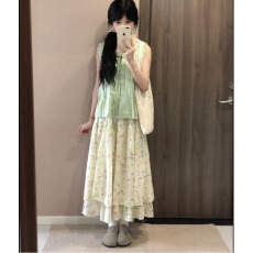 批发【】假两件有内衬妹森系半身裙蛋糕裙双层印花清新