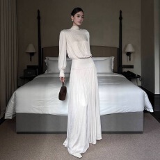 批发己出货 气质褶皱长袖<b class='q'>连衣裙</b>感高级系带长裙