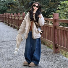 批发己出货 复古撞色羊羔毛外套新款加厚宽松休闲韩版开衫