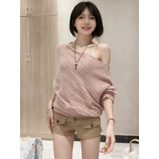 批发己出货 一字肩粉色长袖<b class='q'>针织衫</b>慵懒宽松防晒<b class='q'>罩衫</b>