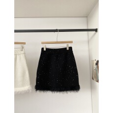 批发己出货 北极绒重工亮片拼接毛边松紧腰A字包臀<b class='q'>短裙</b>