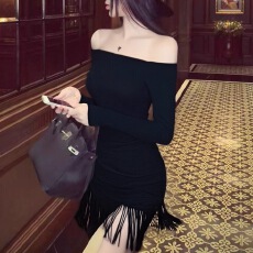 批发己出货 一字肩黑色<b class='q'>流苏</b>长袖<b class='q'>连衣裙</b>性感风修身包臀裙