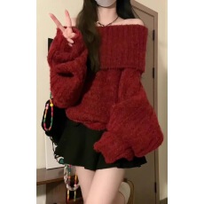 批发己出货 红色翻领一字肩麻花毛针织衫软糯宽松套头上衣