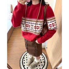 批发己出货 复古费尔岛新年红色圣诞毛衣