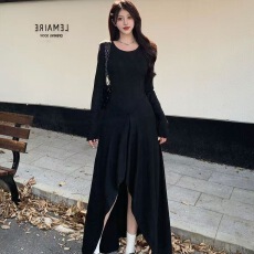 批发己出货 长袖连衣短后长荷叶边收腰a字中长裙子