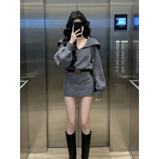 批发己出货 <b class='q'>蝙蝠</b>袖宽松V领针织<b class='q'>连衣裙</b>显瘦百搭毛衣包臂裙