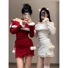 批发己出货 新年圣诞红色<b class='q'>连衣裙</b>德绒保暖包臀短裙