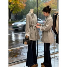 批发己出货 高级感灰色毛呢外套新款系带收腰呢子