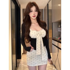 批发己出货 人棉面料<b class='q'>波点</b>长袖纽结飘带收腰包臀裙套装