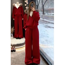 批发己出货 加绒加厚运动套装韩版宽松毛领开衫上衣两件套