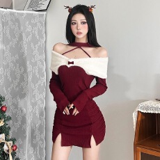 批发己出货 风毛边性感露肩连衣裙氛围感显瘦<b class='q'>长</b>袖<b class='q'>裙子</b>