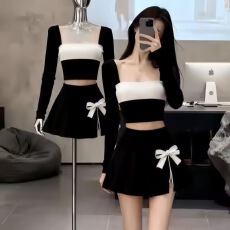 批发己出货 减龄撞色拼接露腰短款上衣蝴蝶结<b class='q'>半身裙</b>两件套装