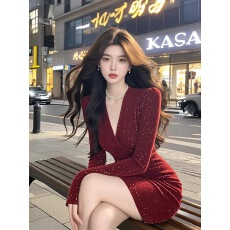 批发己出货 气质红色亮片v领连衣性感紧身包臀裙