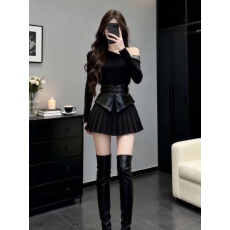 己出货 斜肩长袖上衣腰封拼接开叉上衣显瘦百褶半身