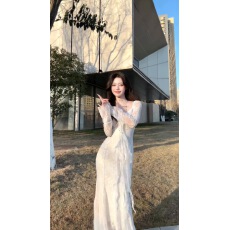 批发己出货 白色v领蕾丝长袖收腰包臀长裙夏季