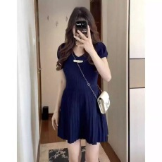 批发己出货 针织短袖连衣裙时尚<b class='q'>甜美</b>蝴蝶结收腰显瘦A字短裙子