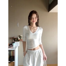 有货 原版型复古辣妹V领七分袖T恤