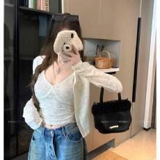 批发有货 套装杏色<b class='q'>长袖</b>钩花吊带背心显瘦时尚两件套