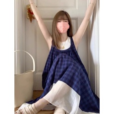 批发己出货  蓝色格子无袖连衣裙度假吊带背心长裙