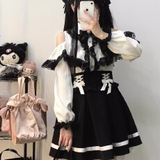 批发日系甜美蕾丝花边露肩长袖衬衫+Lolita蝴蝶结绑带蓬蓬裙<b class='q'>两件套</b>