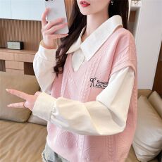 批发卫衣女秋冬新款撞色polo领<b class='q'>衬衫</b>小个子高级感<b class='q'>假两件</b>上衣女