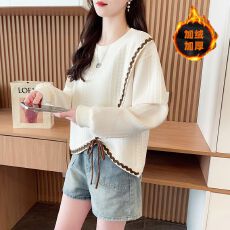 批发<b class='q'>卫衣</b>女加厚秋冬设计感小众拼色<b class='q'>短款</b>蝴蝶结上衣女