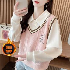 批发卫衣女加厚<b class='q'>假两件</b>秋冬新款polo领马甲小个子<b class='q'>衬衫</b>