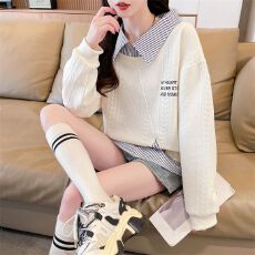 批发秋冬新款2025年大码女装设计感假两件拼接条纹百搭上衣女