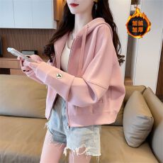 批发加绒开衫外套小个子短款连帽宽松减龄百搭时尚ins上衣