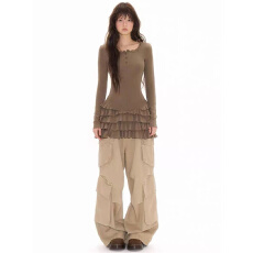 批发<b class='q'>中长款</b>正肩长袖<b class='q'>T</b><b class='q'>恤</b>女春季2026年设计感修身拼接荷叶边