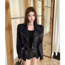 批发黑色皮衣外套女短款小个子新款春<b class='q'>秋</b>季复古机车服港风气质夹克上衣