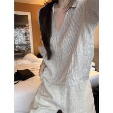 批发韩系设计感拉链条纹<b class='q'>衬衫</b><b class='q'>气质</b>慵懒风长袖上衣